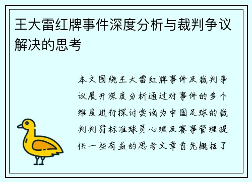 王大雷红牌事件深度分析与裁判争议解决的思考